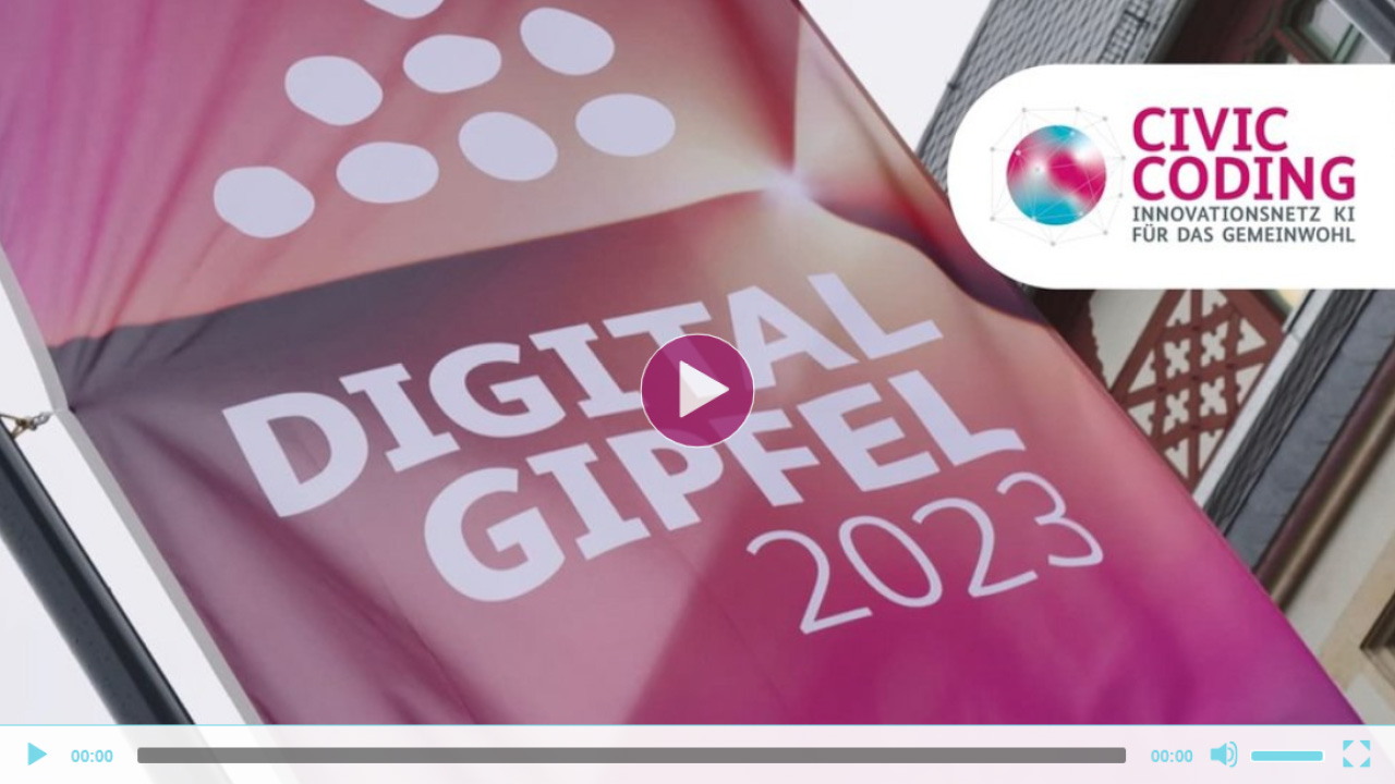 Banner mit den Worten Digital-Gipfel 2023 in weiß auf rosa Hintergrund. In der oberen rechten Ecke befindet sich ein kreisförmiges Logo von Civic Coding. In der Mitte befindet sich eine Wiedergabetaste, die anzeigt, dass es sich um ein Video-Thumbnail handelt. 