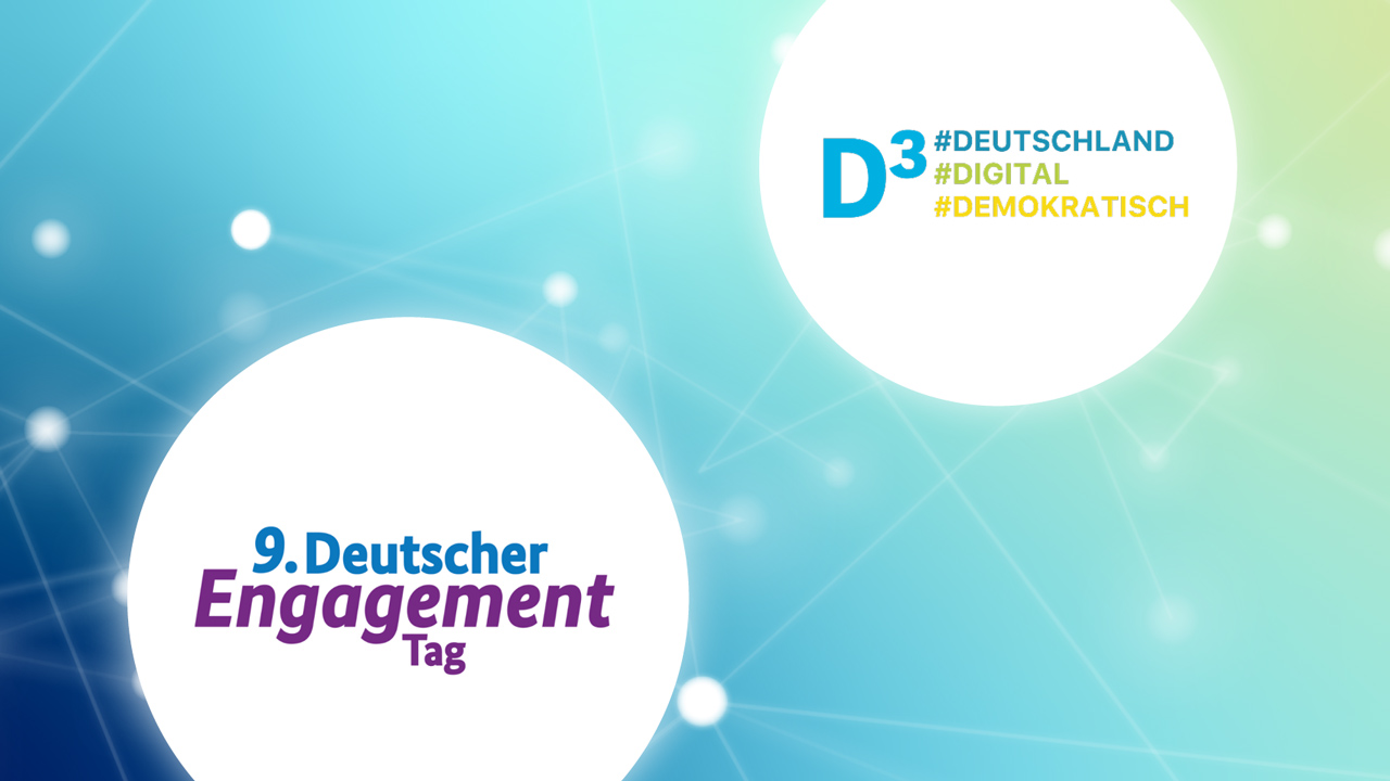 Logo des D³ Online-Kongress und dem 9. Deutschen EngagementTag vor einem blauen Hintergrund mit Farbverlauf und abstrakten verbundenen weißen Punkten, die einem digitalen Netzwerk ähneln.